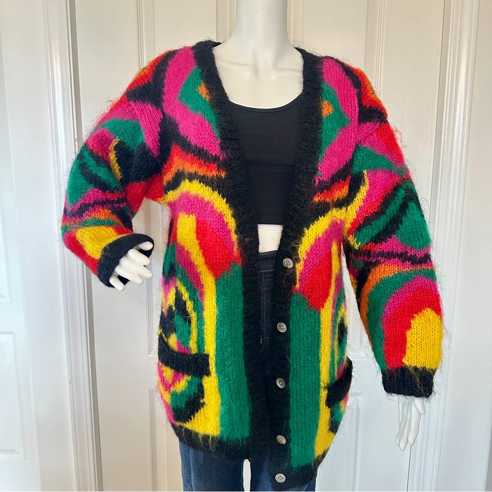 Vintage Pink and Yellow Oversized Cardigan Mohair Sweater (XS)